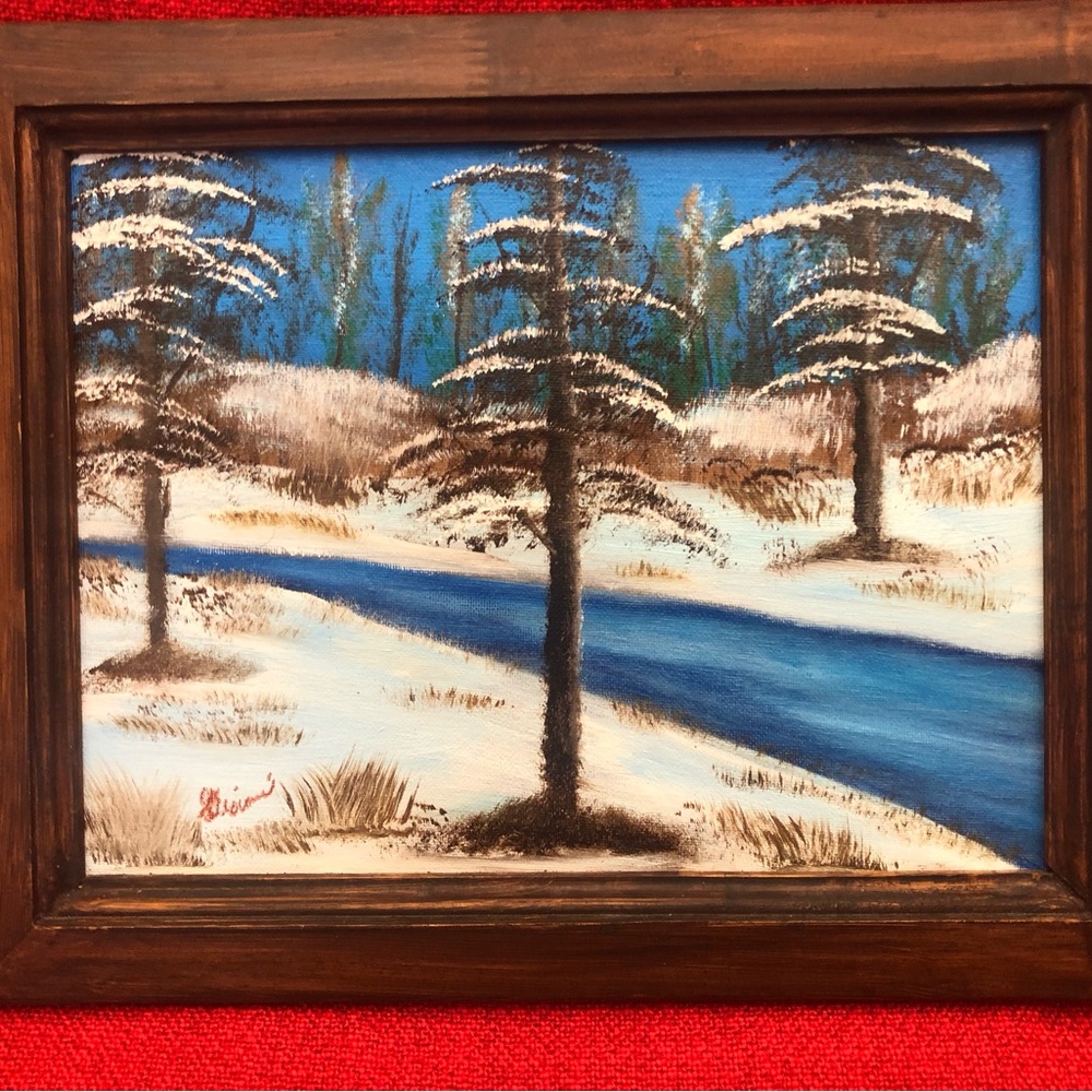 Winter Landscape Painting with Brown Frame